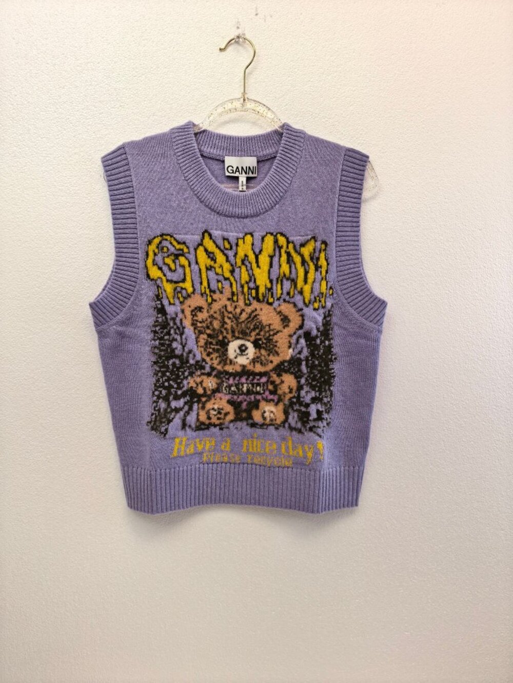 GANNI Bear Graphic Purple Knit Sweater Vest